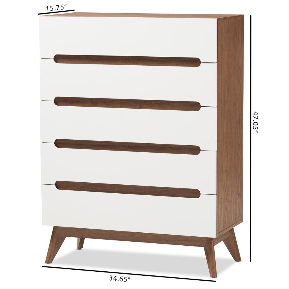 Calypso Mid-Century Modern White and Walnut Wood 5-Drawer Storage Chest. Picture 16