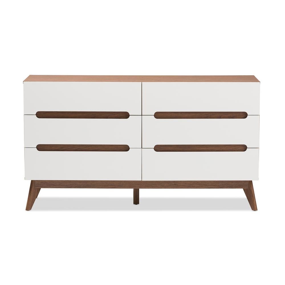 Calypso Mid-Century Modern White and Walnut Wood 6-Drawer Storage Dresser. Picture 11