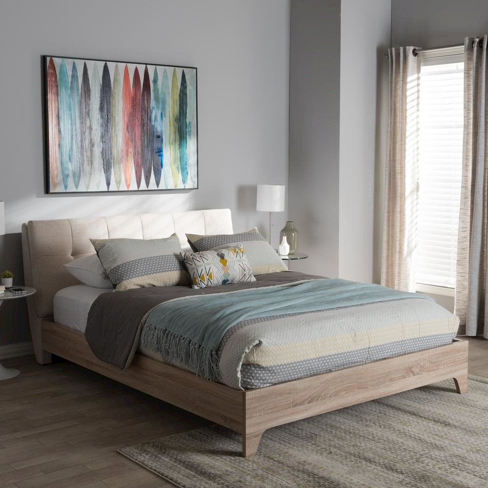 Baxton Studio Adelia Mid-Century Light Beige Whitewash Queen Size Platform Bed. Picture 14