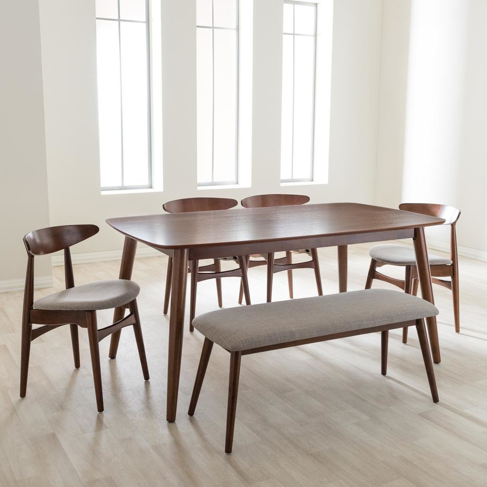 Light Grey Fabric and "Oak" Medium Brown Finishing Wood 6-Piece Dining Set. Picture 18
