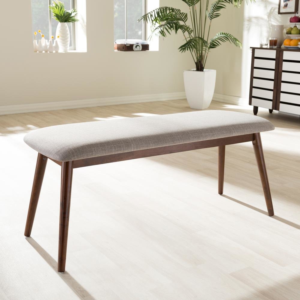 Modern Light Grey Fabric and "Oak" Medium Brown Finishing Wood Dining Bench. Picture 6