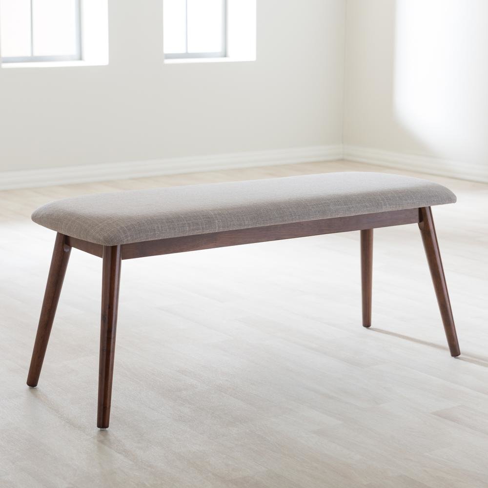 Modern Light Grey Fabric and "Oak" Medium Brown Finishing Wood Dining Bench. Picture 10