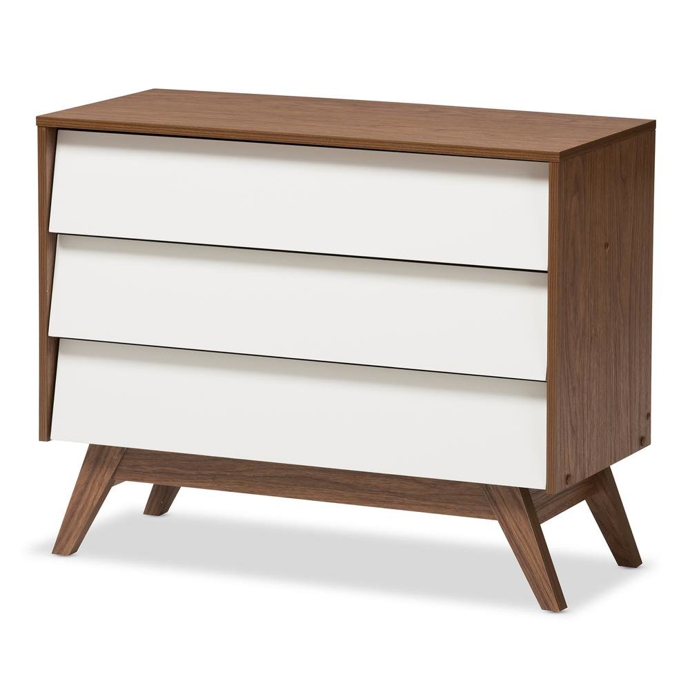 Hildon Mid-Century Modern White and Walnut Wood 3-Drawer Storage Chest. Picture 8