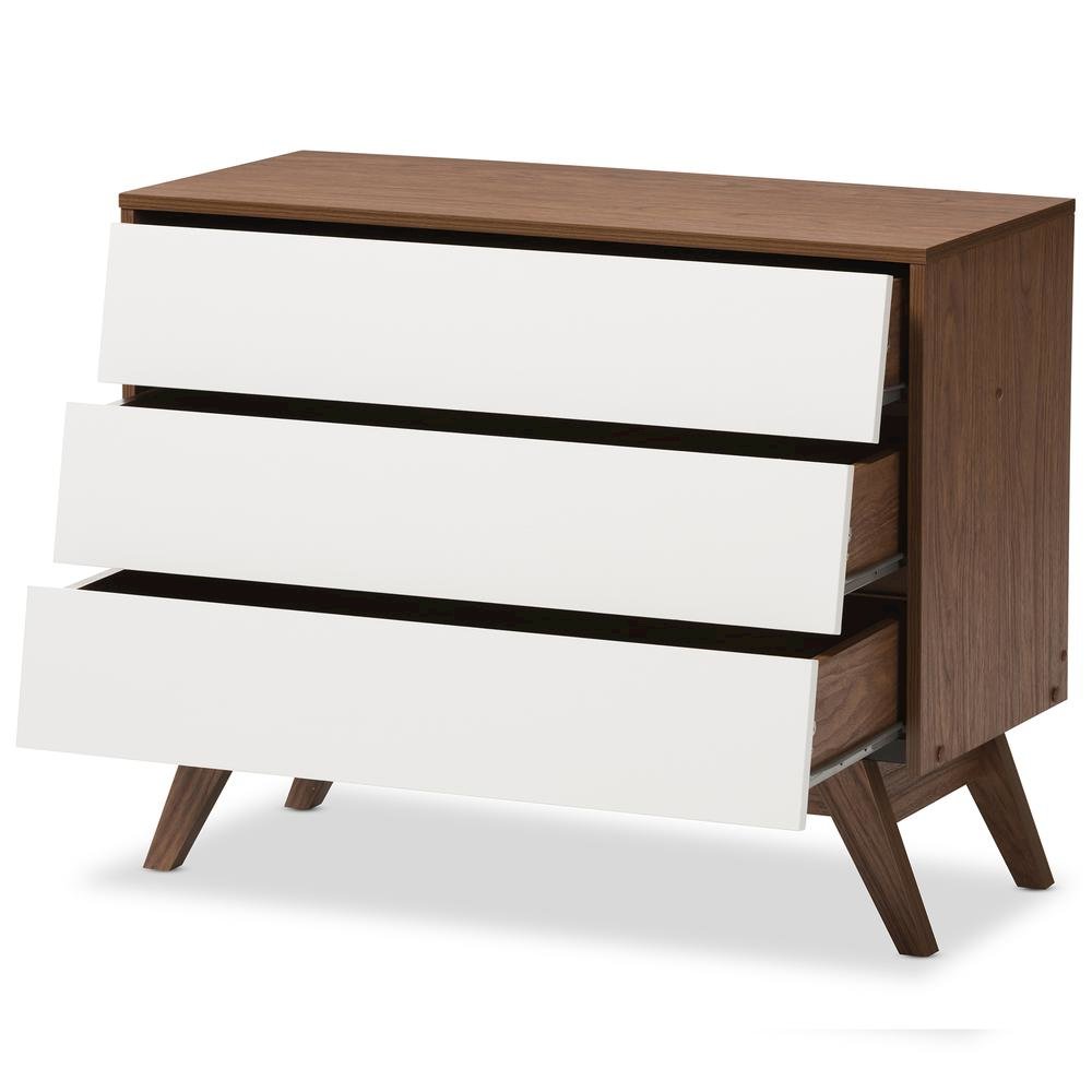 Hildon Mid-Century Modern White and Walnut Wood 3-Drawer Storage Chest. Picture 9