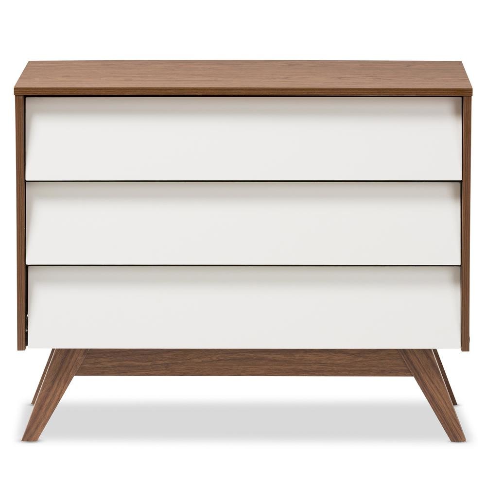 Hildon Mid-Century Modern White and Walnut Wood 3-Drawer Storage Chest. Picture 10