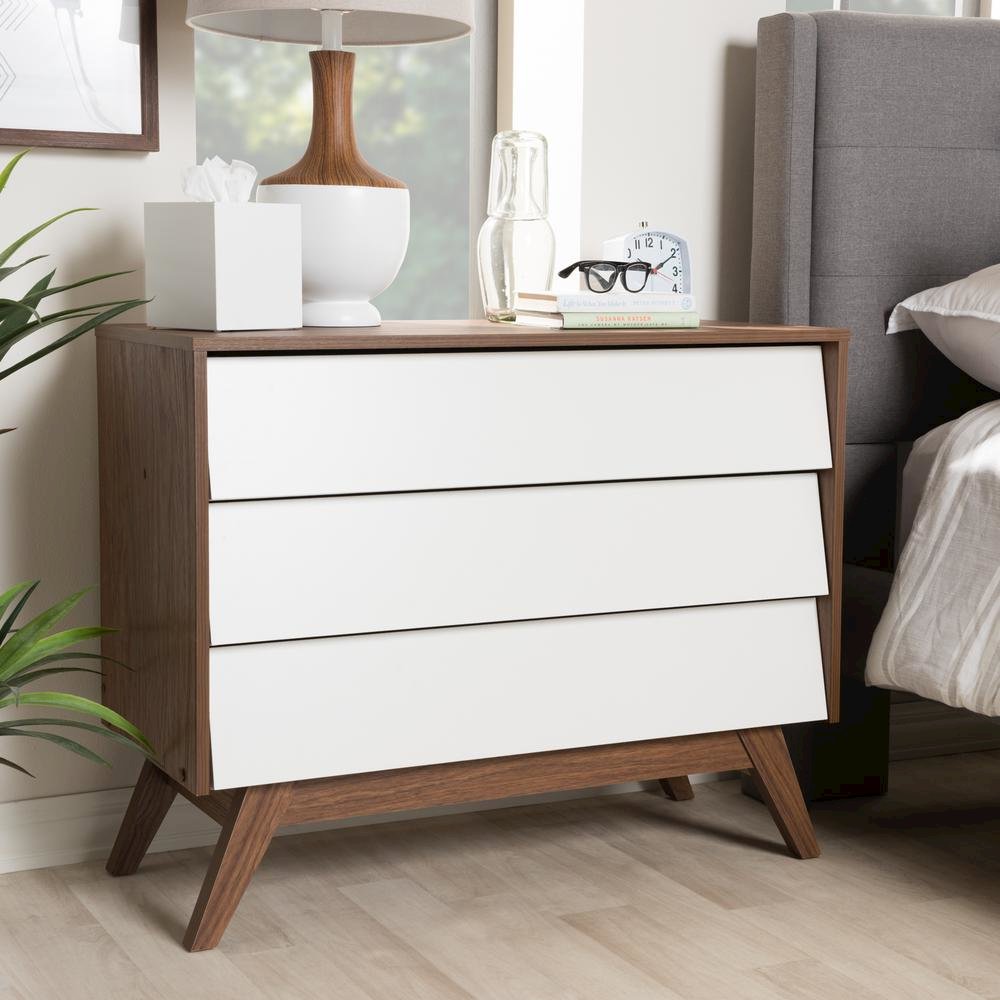 Hildon Mid-Century Modern White and Walnut Wood 3-Drawer Storage Chest. Picture 12