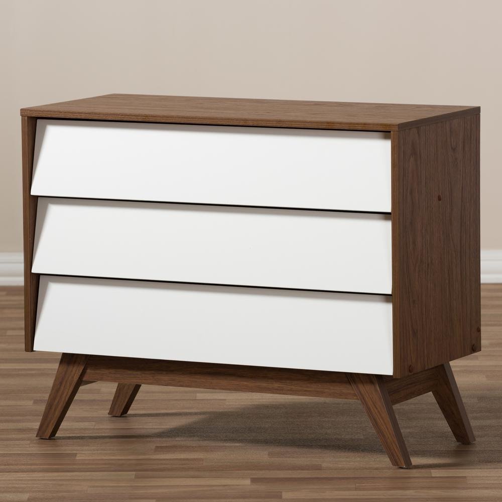 Hildon Mid-Century Modern White and Walnut Wood 3-Drawer Storage Chest. Picture 13