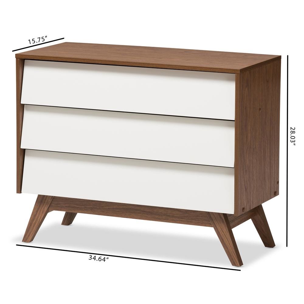 Hildon Mid-Century Modern White and Walnut Wood 3-Drawer Storage Chest. Picture 14