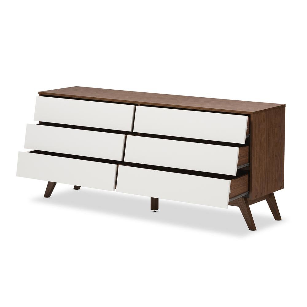 Hildon Mid-Century Modern White and Walnut Wood 6-Drawer Storage Dresser. Picture 9