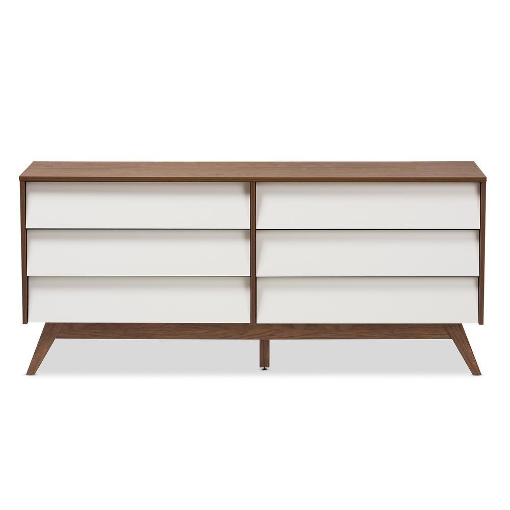 Hildon Mid-Century Modern White and Walnut Wood 6-Drawer Storage Dresser. Picture 10