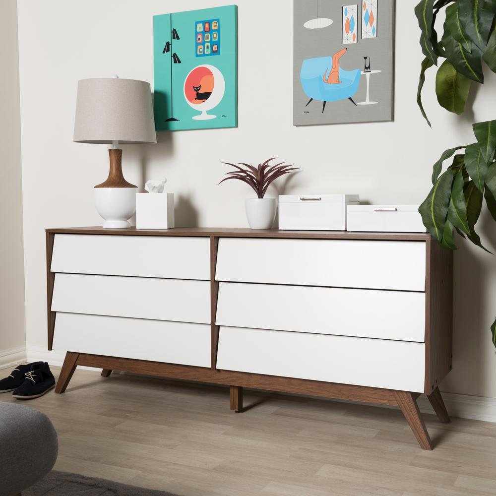Hildon Mid-Century Modern White and Walnut Wood 6-Drawer Storage Dresser. Picture 12