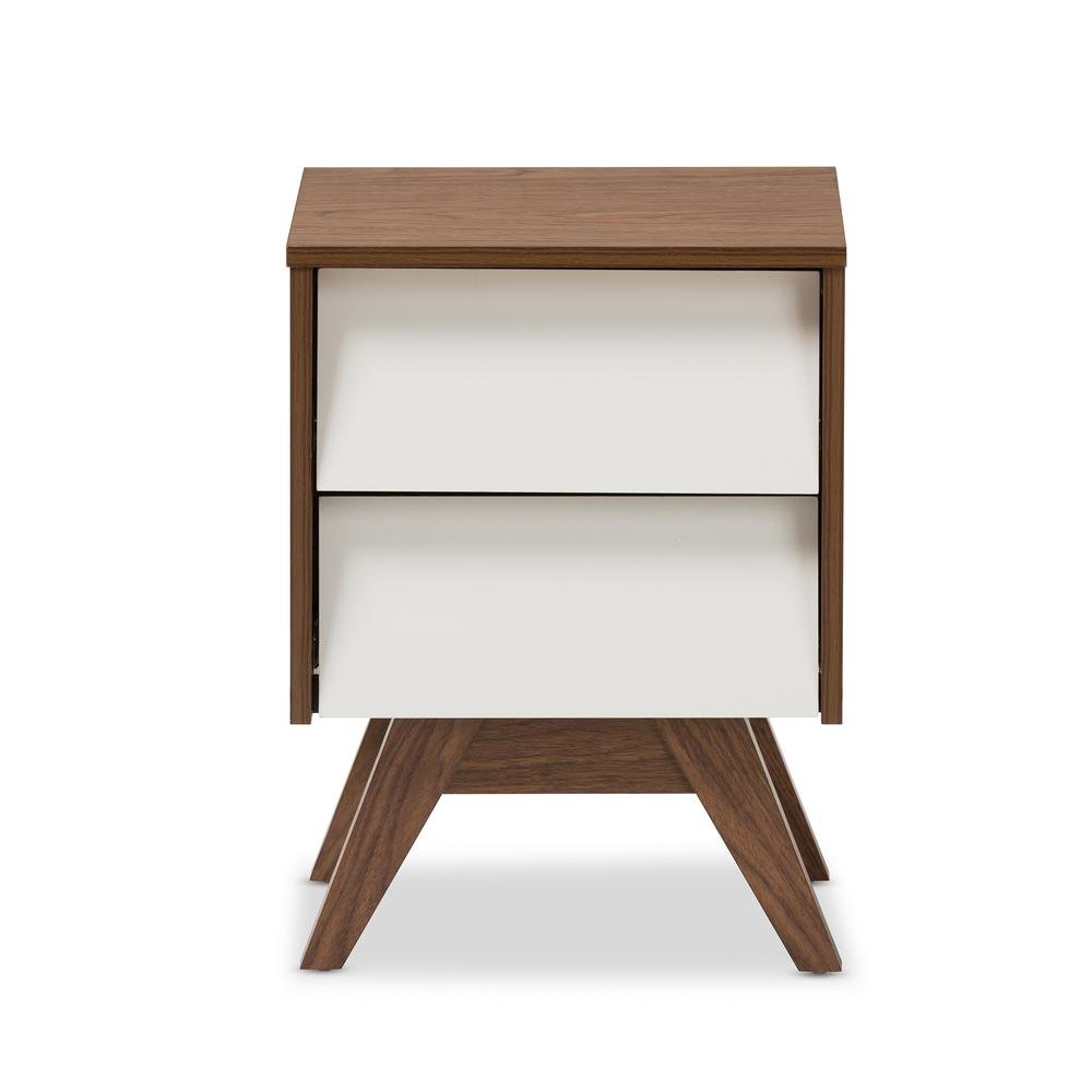 Hildon Mid-Century Modern White and Walnut Wood 2-Drawer Storage Nightstand. Picture 10
