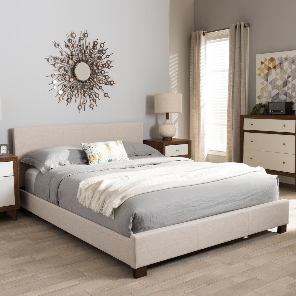 Beige Fabric Upholstered Panel-Stitched Full Size Platform Bed. Picture 11