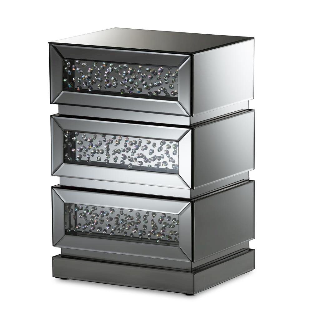Sabrina Hollywood Regency Glamour Style Mirrored 3-Drawer End Table. Picture 1