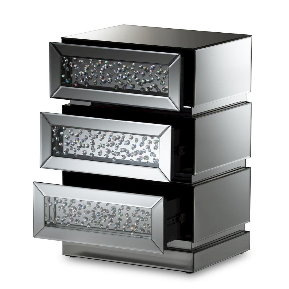 Sabrina Hollywood Regency Glamour Style Mirrored 3-Drawer End Table. Picture 4