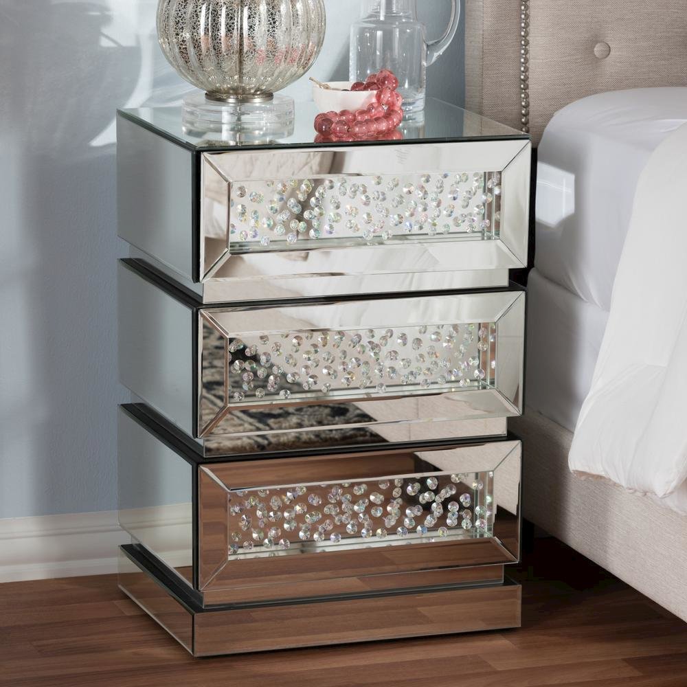 Sabrina Hollywood Regency Glamour Style Mirrored 3-Drawer End Table. Picture 2