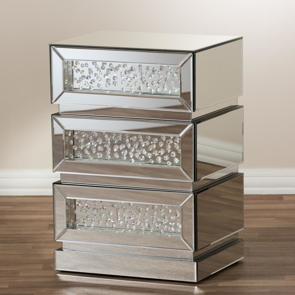Sabrina Hollywood Regency Glamour Style Mirrored 3-Drawer End Table. Picture 7