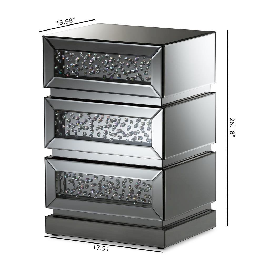 Sabrina Hollywood Regency Glamour Style Mirrored 3-Drawer End Table. Picture 3