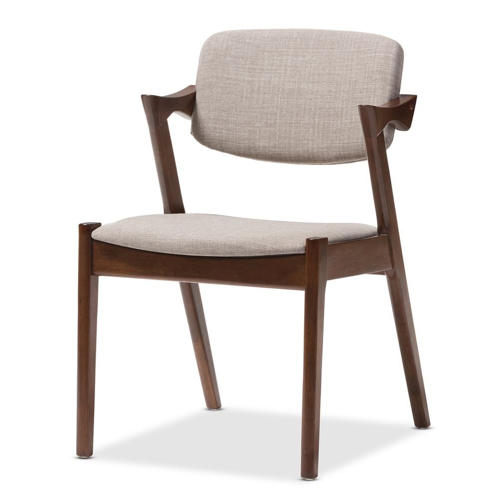 Elegant Mid-Century Dark Walnut Wood Grey Fabric Upholstered Dining Armchair. Picture 7