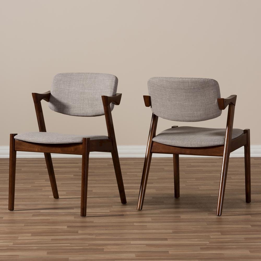 Elegant Mid-Century Dark Walnut Wood Grey Fabric Upholstered Dining Armchair. Picture 10