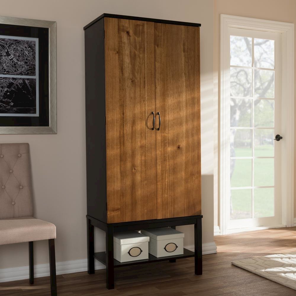 Dark Brown and Walnut Two-Tone Solid Rubberwood Mdf Veneered Wine Cabinet. Picture 8
