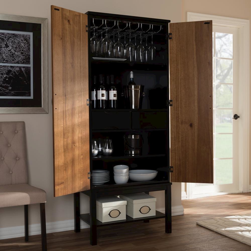 Dark Brown and Walnut Two-Tone Solid Rubberwood Mdf Veneered Wine Cabinet. Picture 9