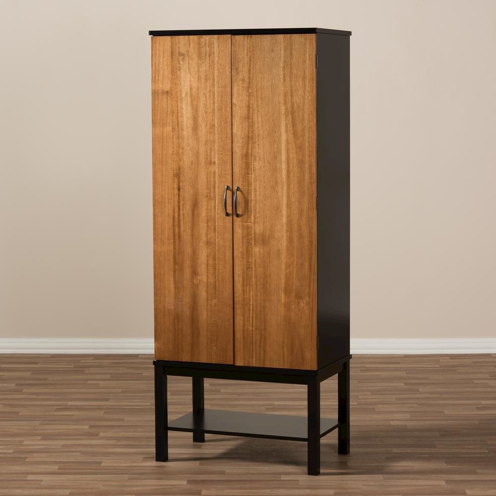 Dark Brown and Walnut Two-Tone Solid Rubberwood Mdf Veneered Wine Cabinet. Picture 5