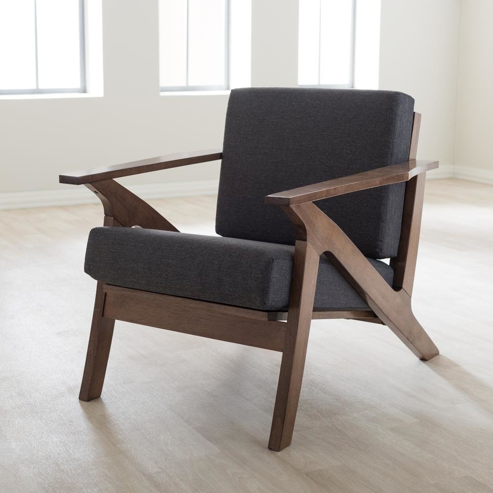 Grey Fabric and "Walnut" Brown Wood Living Room 1-Seater Lounge Chair. Picture 12