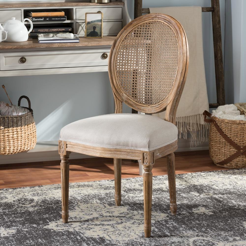 Beige Fabric Upholstered Dining Side Chair with Round Cane Back. Picture 16