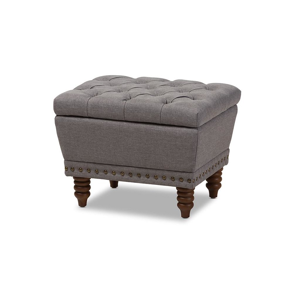 Light Grey Fabric Upholstered Walnut Wood Finished Button-Tufted Storage Ottoman. Picture 1