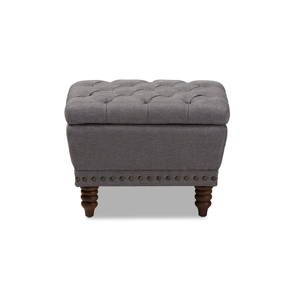 Light Grey Fabric Upholstered Walnut Wood Finished Button-Tufted Storage Ottoman. Picture 2