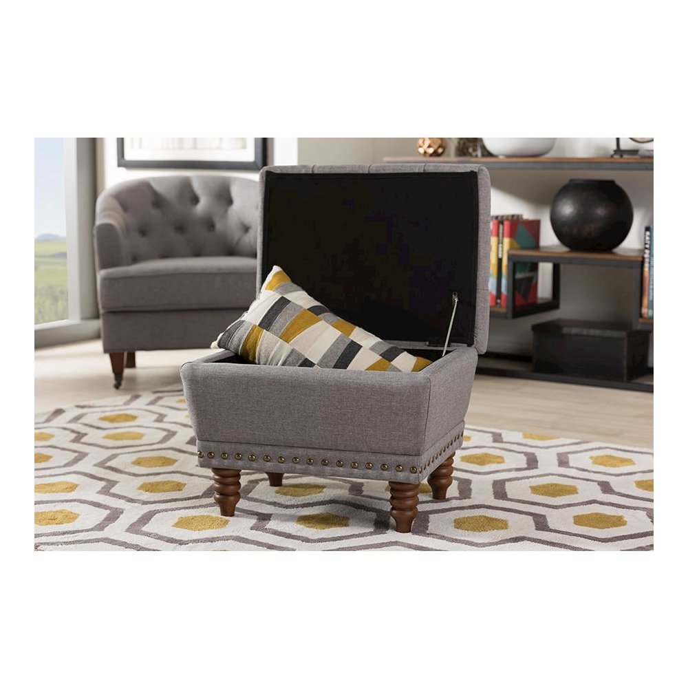 Light Grey Fabric Upholstered Walnut Wood Finished Button-Tufted Storage Ottoman. Picture 8