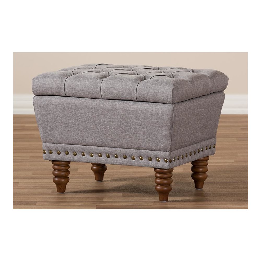 Light Grey Fabric Upholstered Walnut Wood Finished Button-Tufted Storage Ottoman. Picture 9