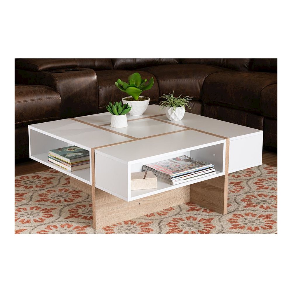 Rasa Modern and Contemporary Two-Tone White and Oak Finished Wood Coffee Table. Picture 15