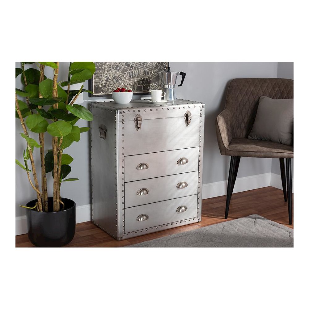 Serge French Industrial Silver Metal 3-Drawer Accent Storage Cabinet. Picture 23