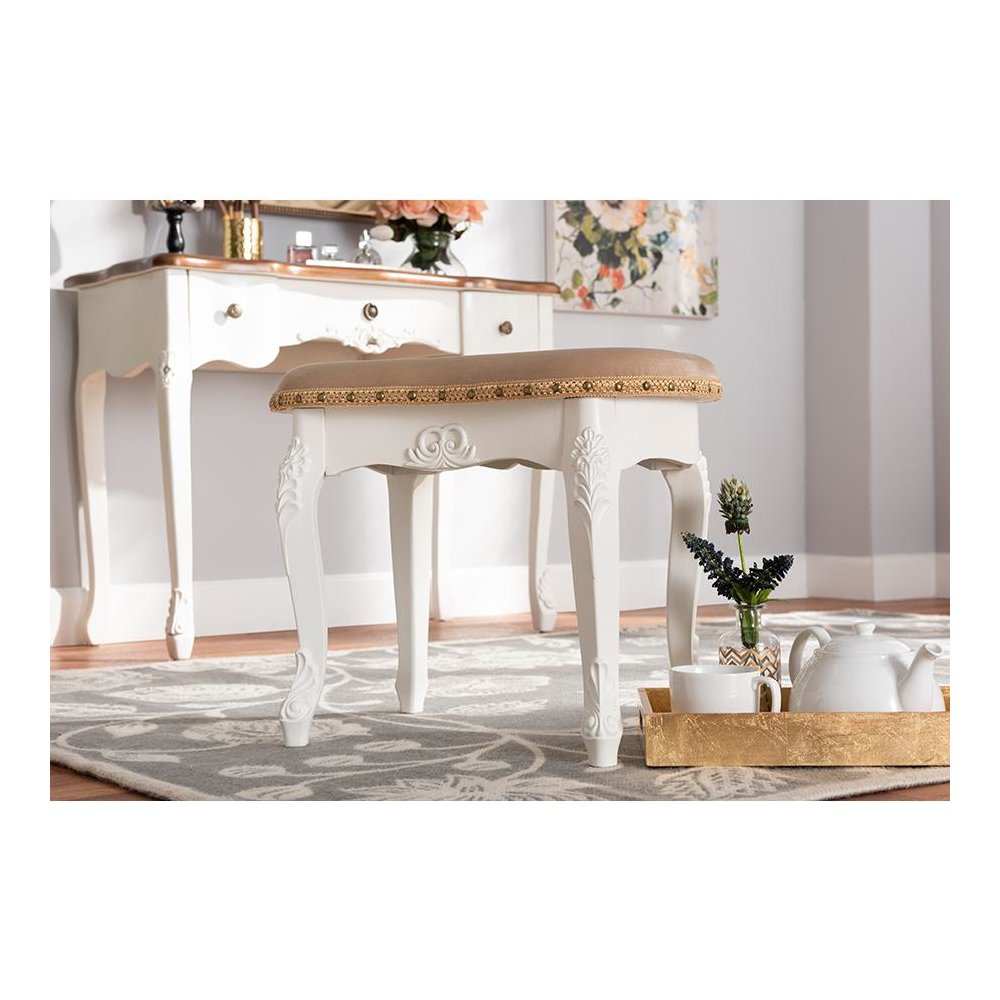 Velvet Fabric Upholstered White-Finished Wood Vanity Ottoman. Picture 19