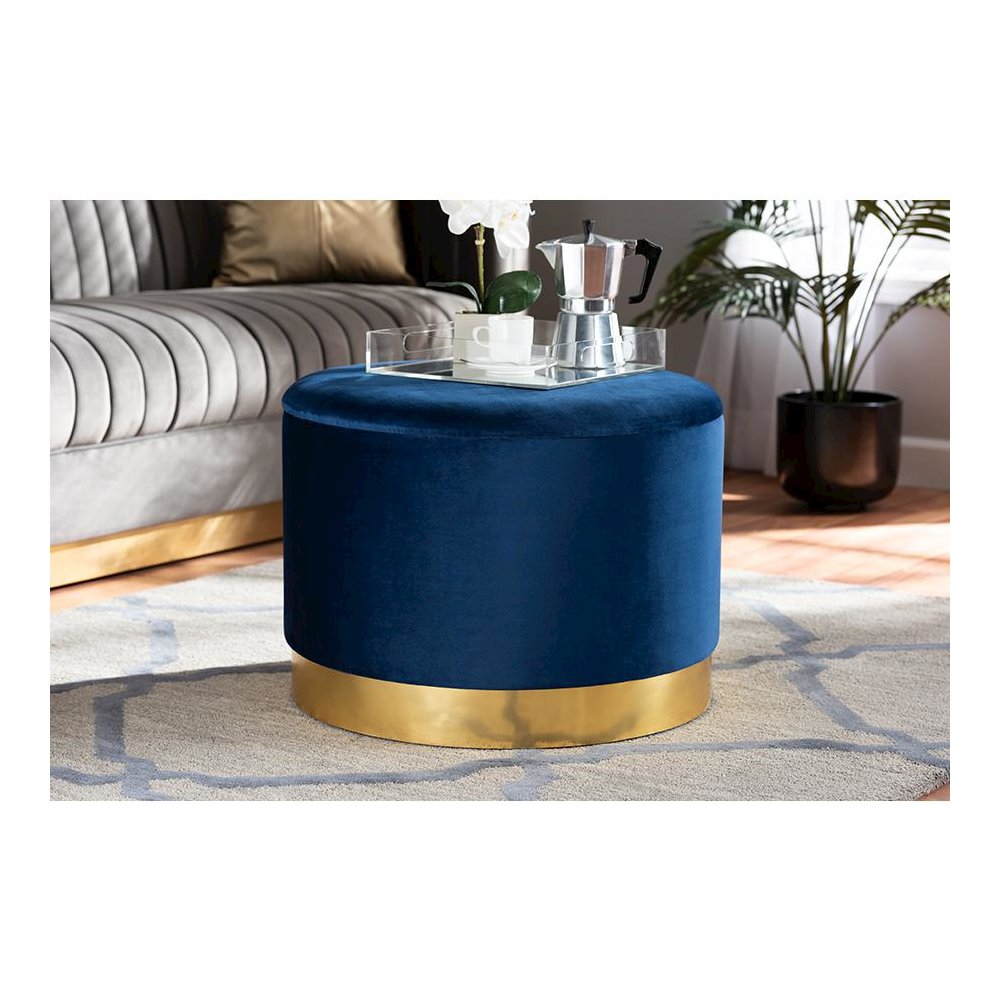 Luxe Navy Blue Velvet Fabric Upholstered Gold Finished Storage Ottoman. Picture 17