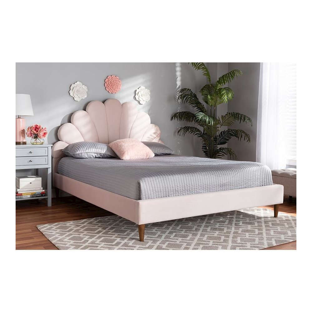Walnut Brown Finished Wood Queen Size Seashell Shaped Platform Bed. Picture 17