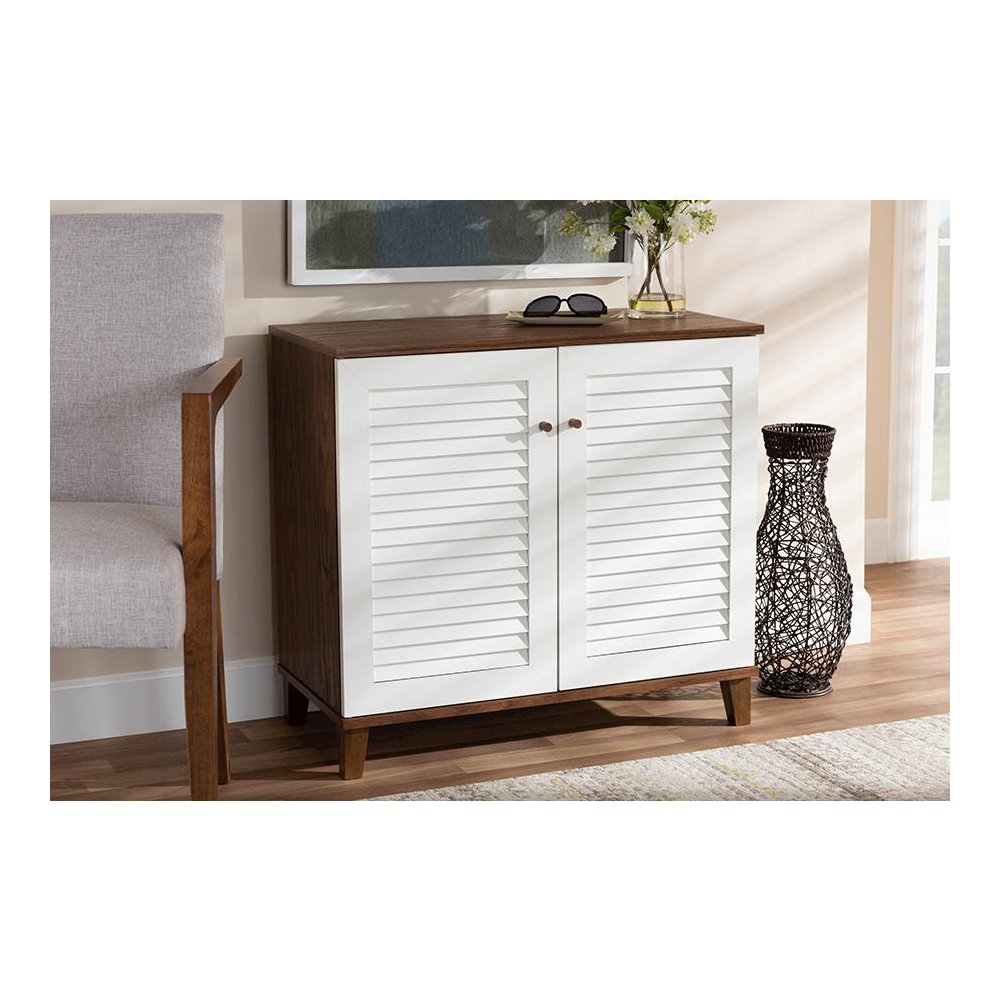 White and Walnut Finished 4-Shelf Wood Shoe Storage Cabinet. Picture 21