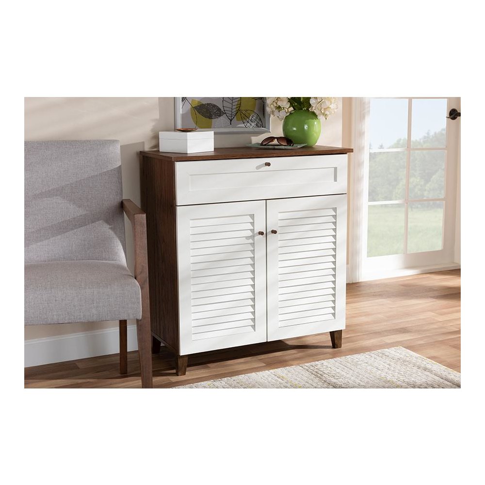 White and Walnut Finished 4-Shelf Wood Shoe Storage Cabinet with Drawer. Picture 21