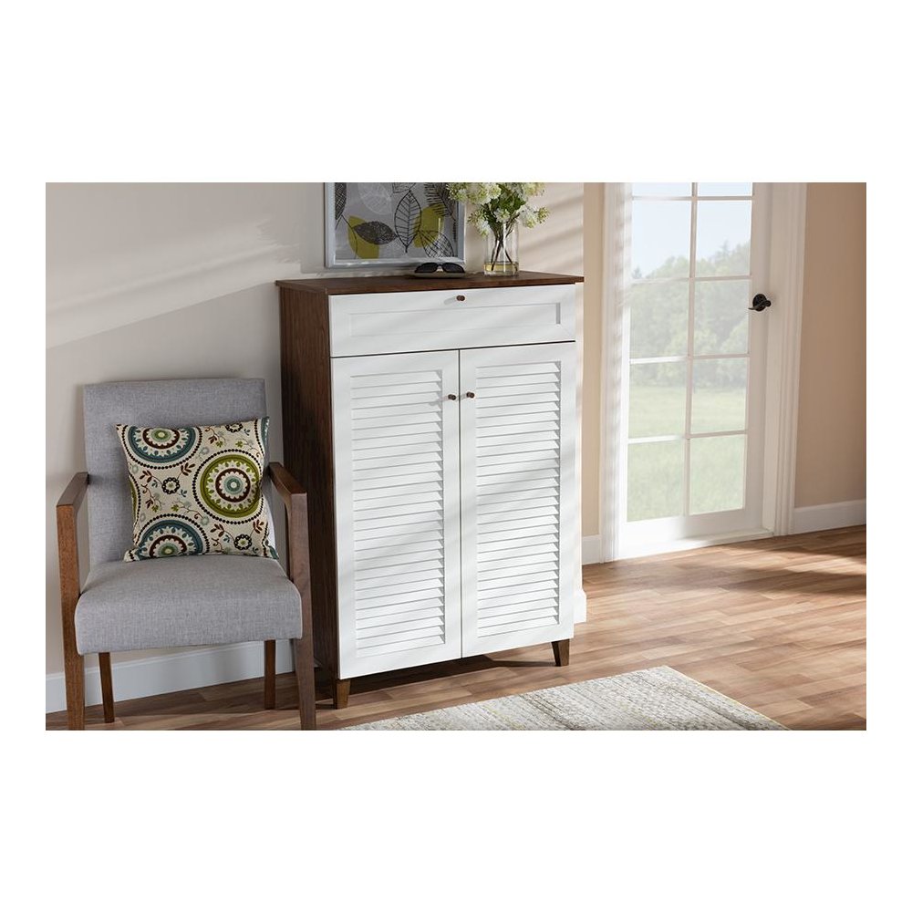 White and Walnut Finished 5-Shelf Wood Shoe Storage Cabinet with Drawer. Picture 21