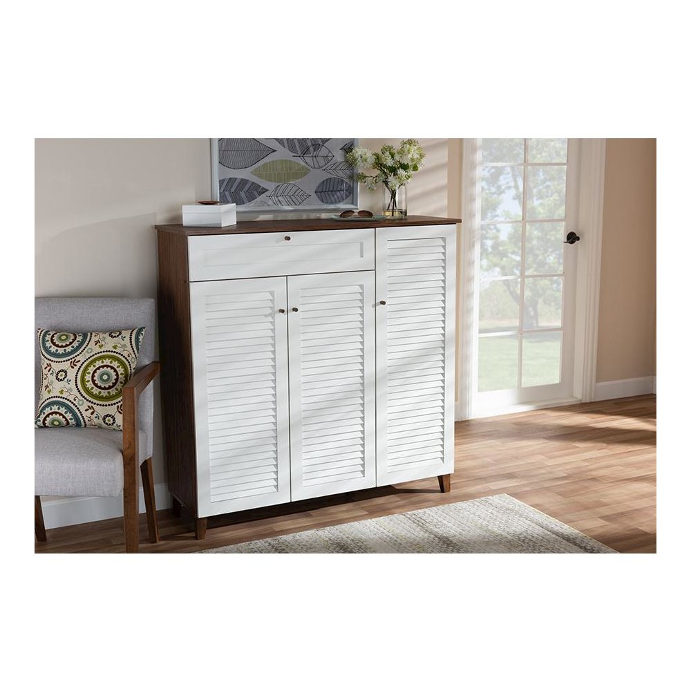 Walnut Finished 11-Shelf Wood Shoe Storage Cabinet with Drawer. Picture 21