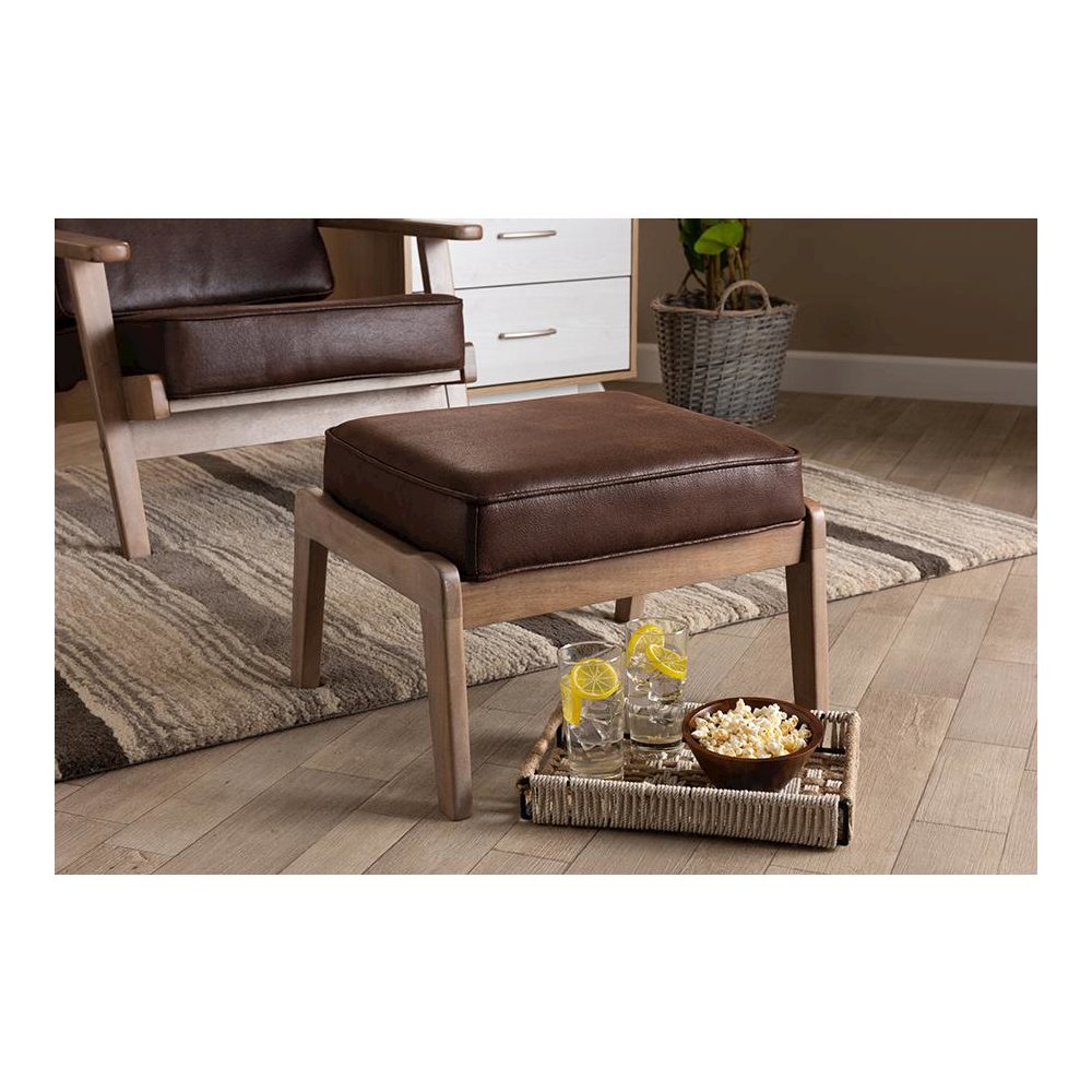 Leather Effect Fabric Upholstered Antique Oak Finished Wood Ottoman. Picture 15
