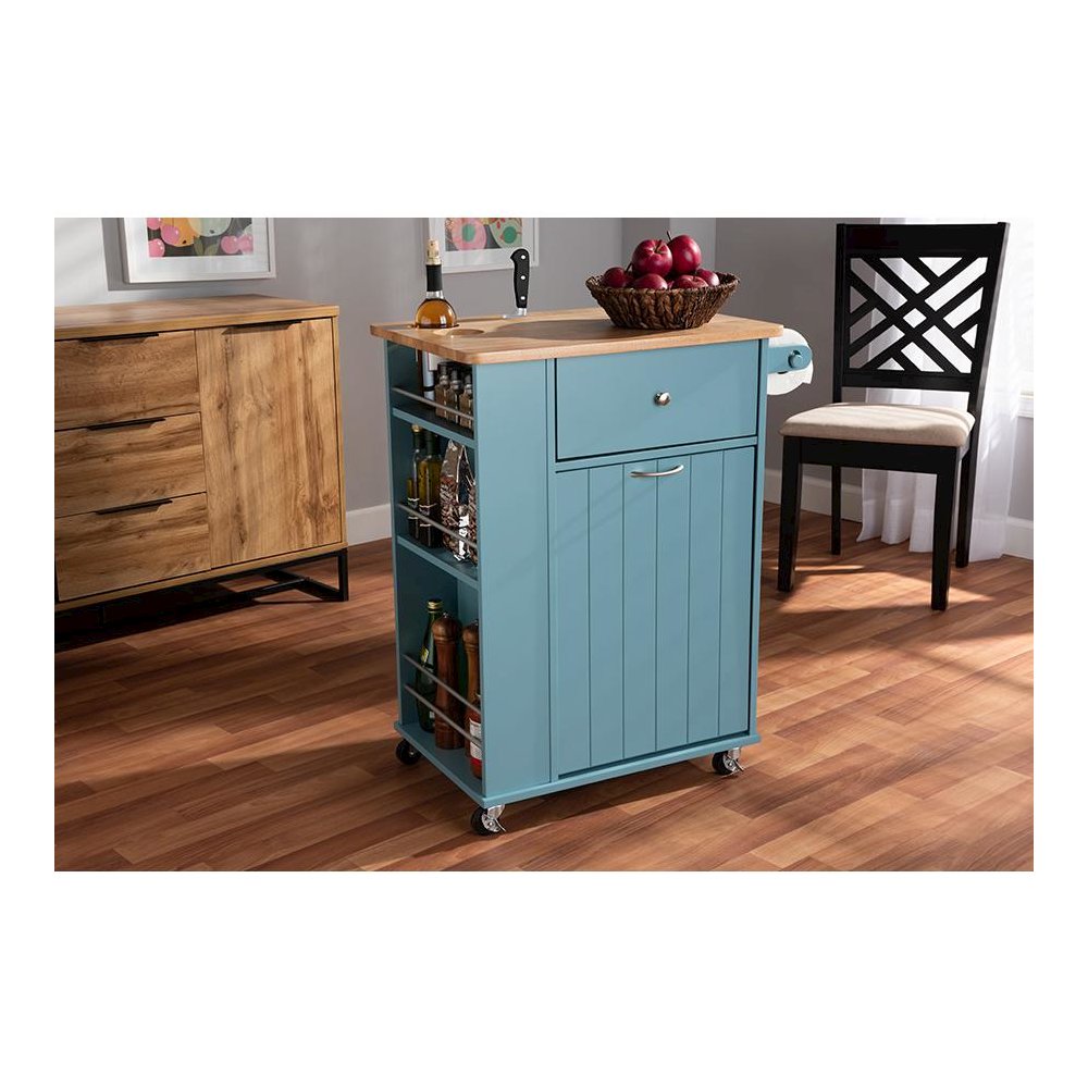 Liona Modern and Contemporary Sky Blue Finished Wood Kitchen Storage Cart. Picture 29