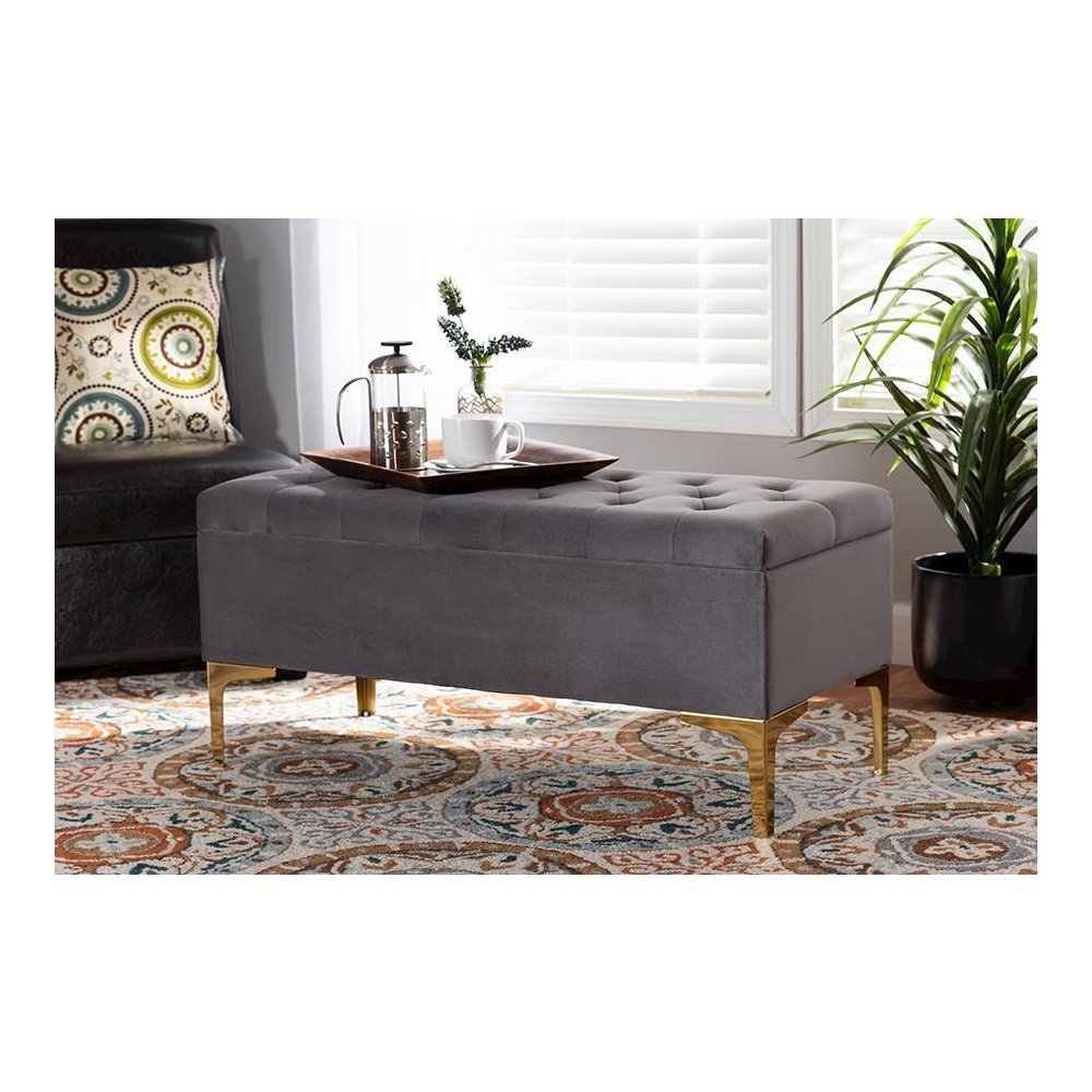 Luxe Grey Velvet Fabric Upholstered Gold Finished Button Tufted Storage Ottoman. Picture 23