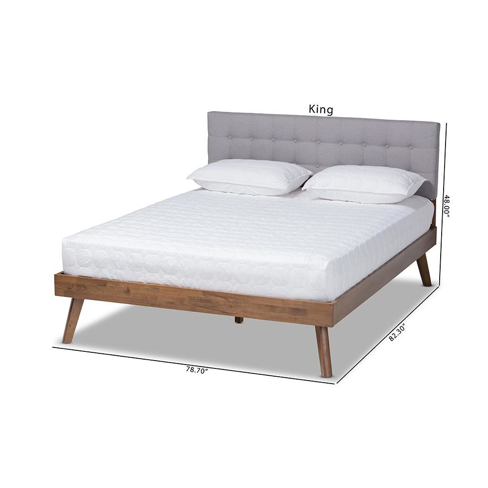 Light Grey Fabric Upholstered Walnut Brown Finished Wood Queen Size Platform Bed. Picture 10