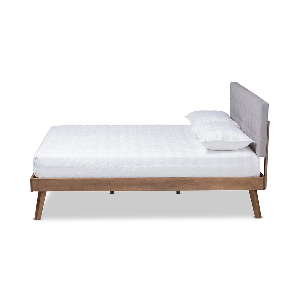 Light Grey Fabric Upholstered Walnut Brown Finished Wood Queen Size Platform Bed. Picture 2