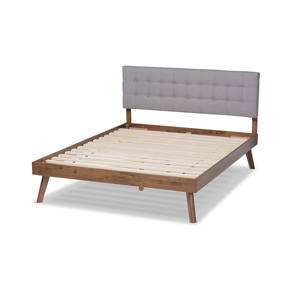 Light Grey Fabric Upholstered Walnut Brown Finished Wood Queen Size Platform Bed. Picture 3