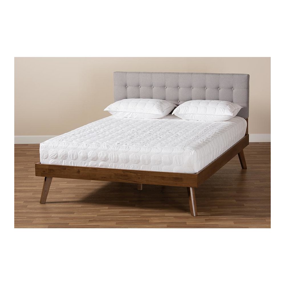 Light Grey Fabric Upholstered Walnut Brown Finished Wood Queen Size Platform Bed. Picture 7