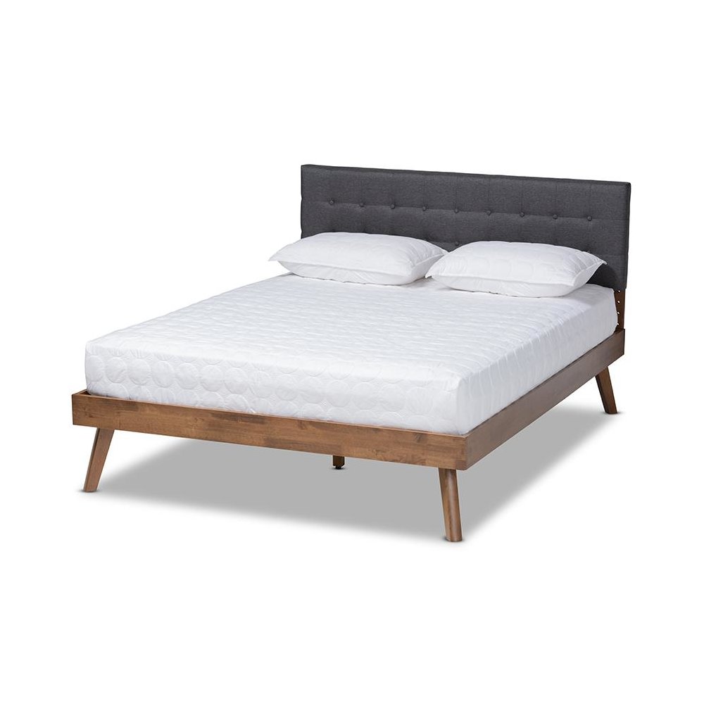 Dark Grey Fabric Upholstered Walnut Brown Finished Wood Queen Size Platform Bed. Picture 1